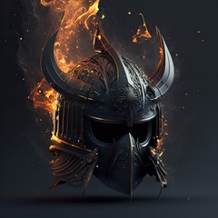 Fantasy samurai black helmet with horns and flames. Isolated on dark background. Generative ai.