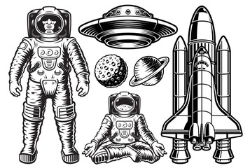 Space vector graphics set with isolated elements on white background such as astronaut, planet, flying saucer, shuttle © Harry Kasyanov