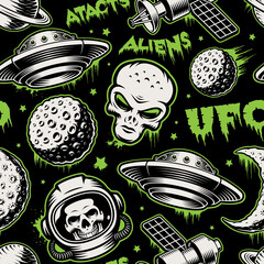 Vector UFO seamless pattern with design elements such as flying saucer, alien, planets, space satellite on a dark background 