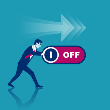Businessman presses off. Presses a button. Vector illustration flat design. Isolated on background.