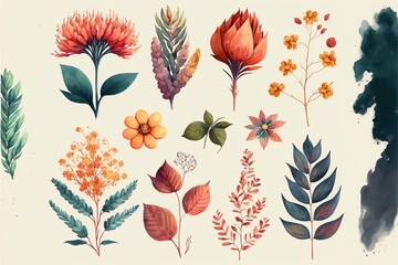 Bouquet of flowers, A group of vivid flowers. Beautiful flower elements. Watercolor illustration