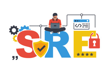 Site reliability engineering. SRE concept. A young programmer with a laptop is designing a website. Safe software. Vector illustration flat design. Isolated on white background. - obrazy, fototapety, plakaty