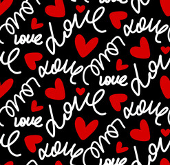 Abstract Hand Writing Love Text and Hearts Seamless Vector Pattern Isolated Background