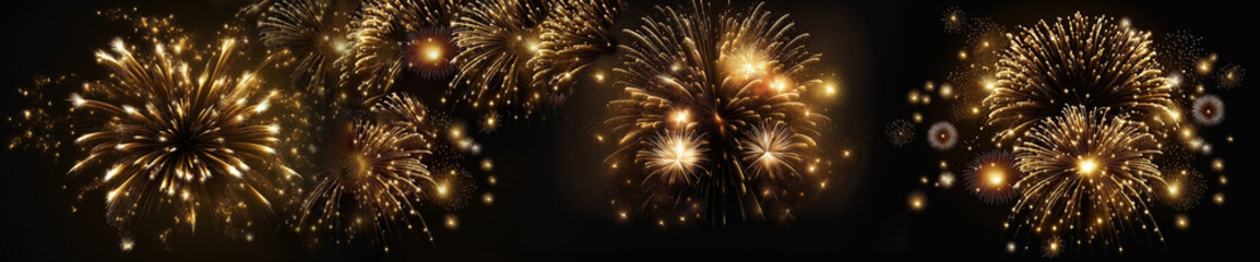 Fototapeta na wymiar Fireworks. New Year Celebration event golden lights explosion on night dark sky background. AI generative