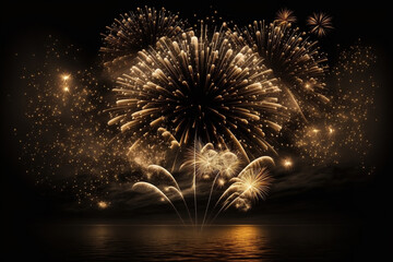 Fireworks. New Year Celebration event golden lights explosion on night dark sky background. AI generative