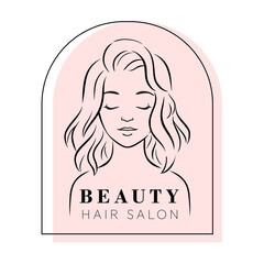 Hand-drawn hair salon logo. Beautiful female portrait with closed eyes and wavy hair. Isolated stylized line art drawing. Woman's face in a minimalist style.
