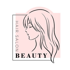 Stylized female hairstyle vector logo for hair salon. Girl's silhouette for beauty, cosmetics or fashion themes. Linear illustration of woman portrait in profile isolated on pink background. 