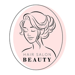 Logo for business in the beauty, health, personal care industry. Hand-drawn calm woman's face with closed eyes. Linear stylized vector illustration in an oval frame. 