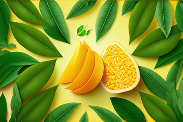 Fototapeta na wymiar Mango slices and bits on a fresh, ripe fruit backdrop in yellow. Generative AI