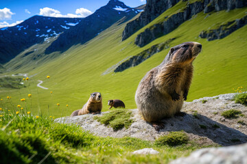 Marmots in the ripera valley pyrenees at the salto de tendenera in the corner of the green. Generative AI