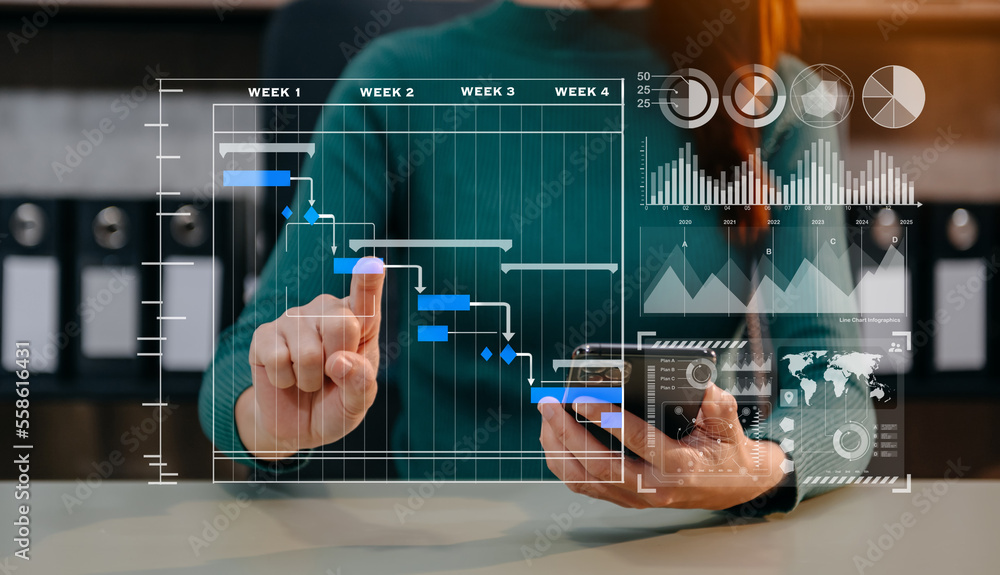 Aufkleber businessman hand project manager working and update tasks and gantt chart scheduling virtual diagram