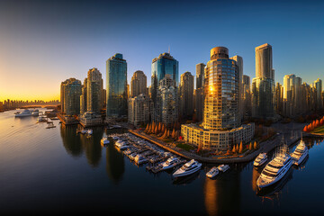 Conceptual Ai Generated Image (not actual) - modern day Vancouver, Canada High rise office and residential buildings may be found in the Coal Harbor commercial sector