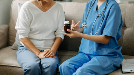 Doctor consulting with patient discussing something and Presenting results on report, Medicine and health care..