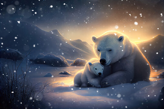 Mother and baby polar bear cuddling as family in snow in winter (Generative AI)