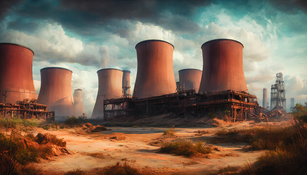 Abandoned, rusted nuclear power plant in a desolate wasteland. Generative AI