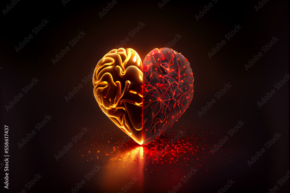 Poster beautiful heart and brain abstract optical light bokeh on a glow background.