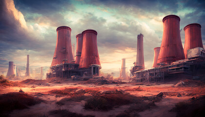 Abandoned, rusted nuclear power plant in a desolate wasteland. Generative AI