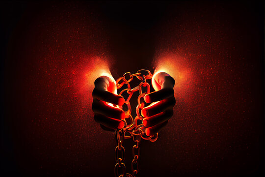 Human hand are chained in chains isolated on black background.	 - Powered by Adobe