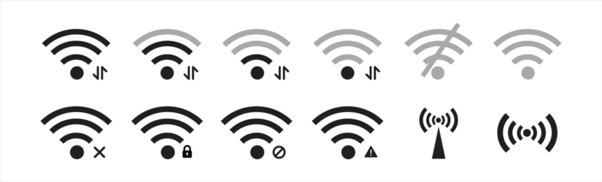 Wi-Fi icon. Wireless and Wi-Fi signal icon. Wifi and wireless signal icon symbol. Set of sign for connect of network. Wi-Fi signal strength. Level signal sign. Vector illustration.