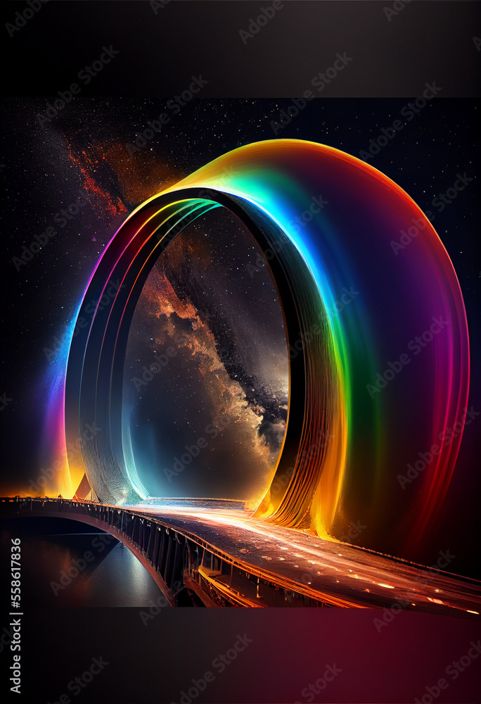 Aufkleber beautiful abstract rainbow bridge and multi colored space background in the darkness.