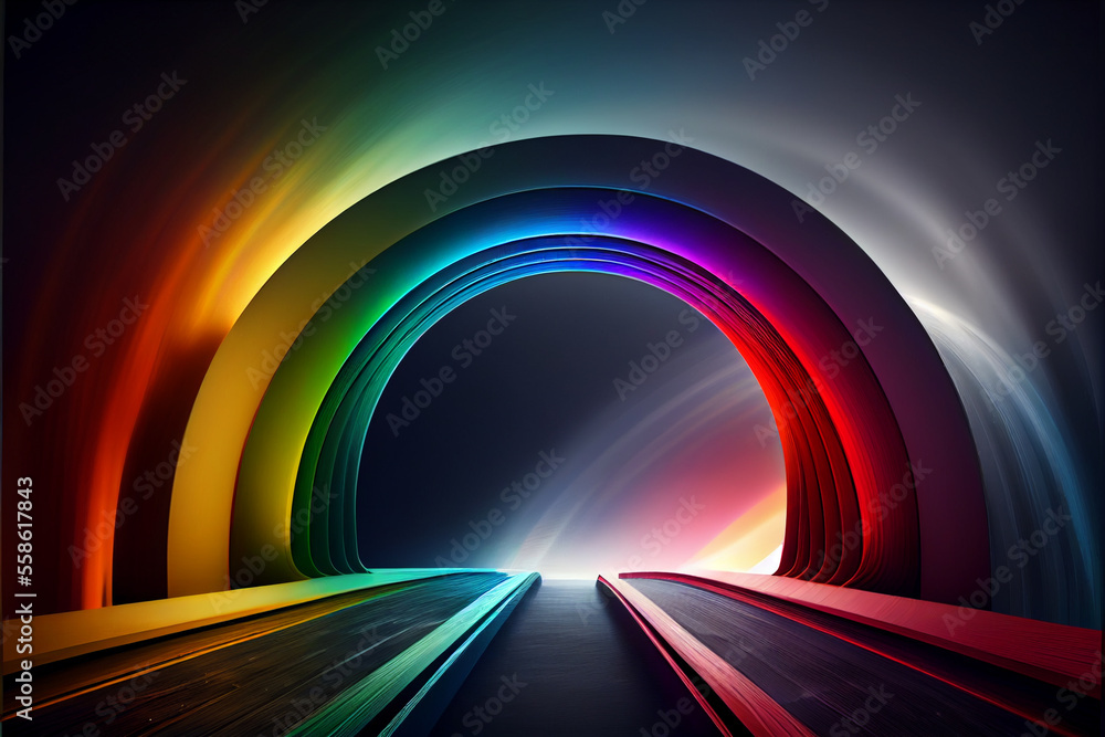 Poster beautiful abstract rainbow bridge and multi colored space background in the darkness.