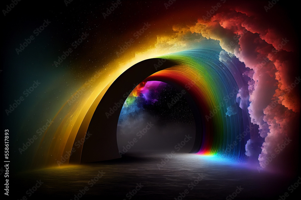 Aufkleber beautiful abstract rainbow bridge and multi colored space background in the darkness.