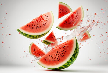 Fresh slices of watermelon flying on a plain background with exploding juice splash. Generative ai