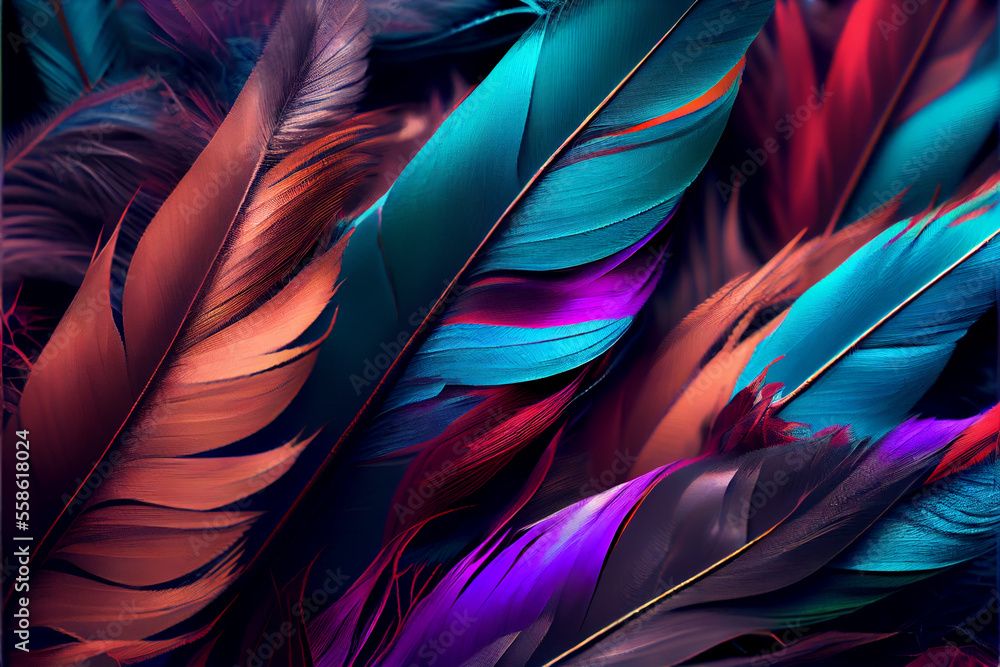 Poster bird feather neon colored light. beautiful background pattern texture for design.