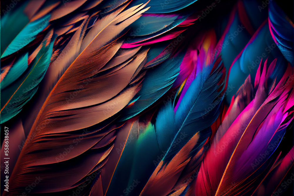 Poster Bird feather neon colored light. Beautiful background pattern texture for design. 