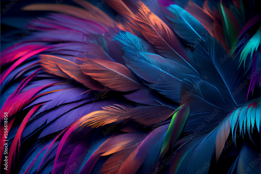 Poster bird feather neon colored light. beautiful background pattern texture for design.