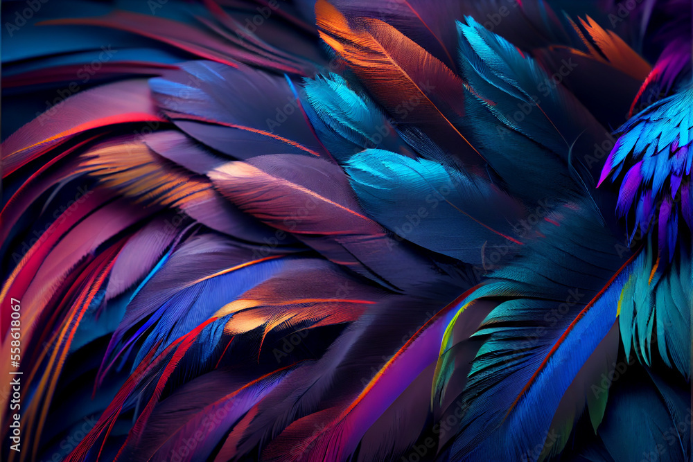 Aufkleber Bird feather neon colored light. Beautiful background pattern texture for design.  Generative AI technology.