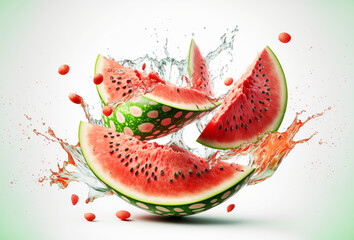 Fresh slices of watermelon flying on a plain background with exploding juice splash. Generative ai - obrazy, fototapety, plakaty
