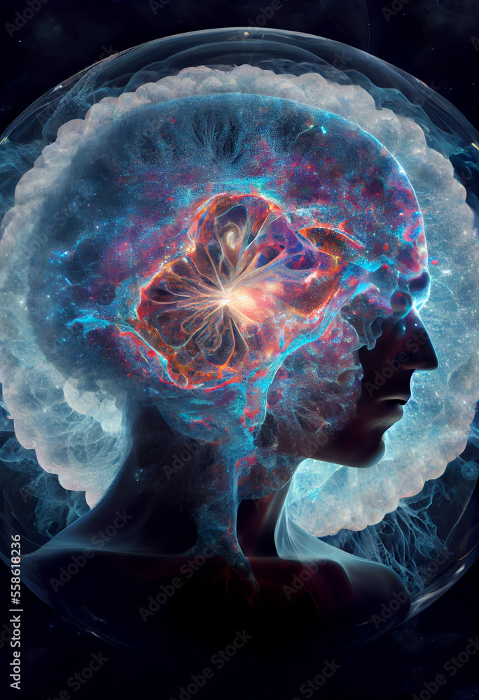 Aufkleber universe within. human inside the atom of brain. the concept on scientific and philosophical topics.