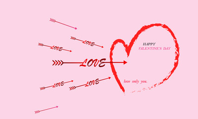 Fototapeta na wymiar A vector red heart-shaped background image with an arrow in the word love embroidered in the center on a light pink background.