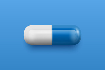 Vector 3d Realistic Blue and White Pharmaceutical Medical Pill, Capsule, Tablet on Blue Background. Front View. Copy Space. Medicine, Male Health Concept