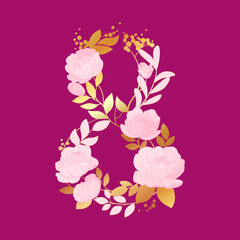 Vector illustration isolated on a pink background. Illustration for the design of holiday cards for March 8. Gently pink peony flowers and golden leaves.
