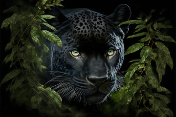 Black jaguar or panther, dangerous animal in the Amazon jungle. Generative AI.