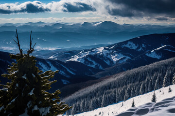 View of the Ukrainian Carpathians and Yaremche from the summit of Makovitsa, with snow covered mountain valleys. Generative AI