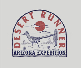 road runner bird illustration, western desert illustration with typography, cactus desert landscape vector