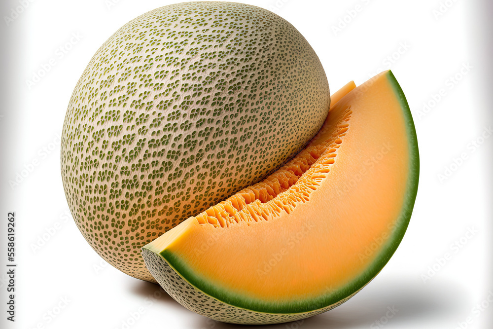 Poster Melon of the cantaloupe, isolated on a white backdrop. Melon with green color, isolated on white. Generative AI