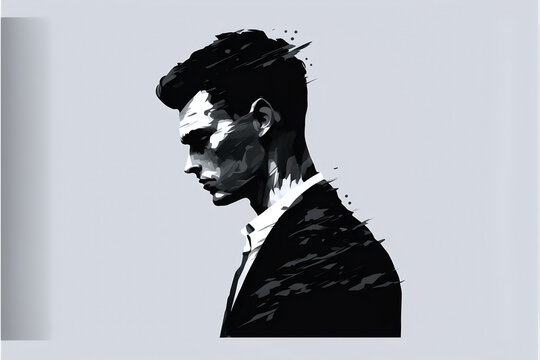 Depressed man in a business suit. Ambiguous illustration of a personality disorder, psychopathy/sociopathy. Handsome, serious man with secrets.