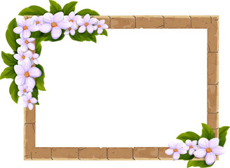 Stone Frame with floral elegant decoration, flowers and leaves in cartoon style, border isolated on white background. 
