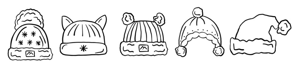 Set of winter caps and hats sketches isolated on white background. Vector illustration. Coloring book