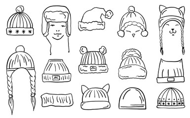 Set of winter caps and hats sketches isolated on white background. Vector illustration. Coloring book