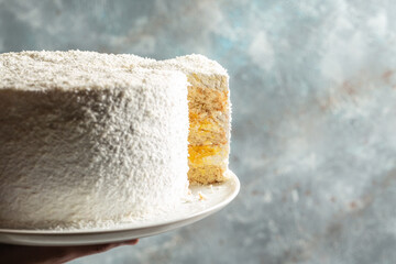 mango and coconut sponge cake. banner, menu, recipe place for text
