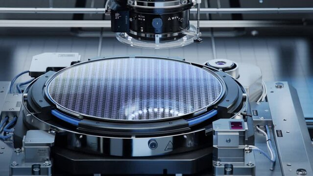 Silicon Wafer during Photolithography Process inside Complex Computer Chip Production Machine. Semiconductor Manufacturing at Modern Fab or Foundry.