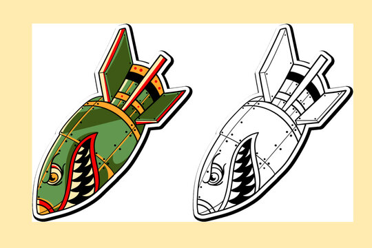 Illustration sticker of a rocket shark traditional tattoo