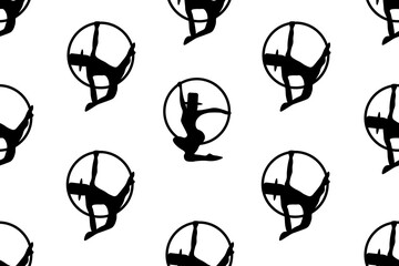 Seamless black and white pattern with aerial gymnasts in different beautiful poses. Website banner for gym. Opening of the circus season concept.