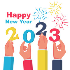 Happy New Year 2023. Team businessmen holding numbers 2023, and text congratulations, greetings. Vector illustration. Isolated on white background.