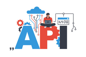 API concept. API as a symbol of the finished code. A professional programmer with a laptop is working on a program. Vector illustration flat design. Isolated on white background.